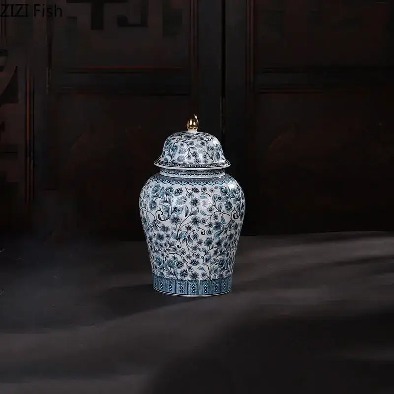 Floral blue & white ceramic ginger jar set – living room decor