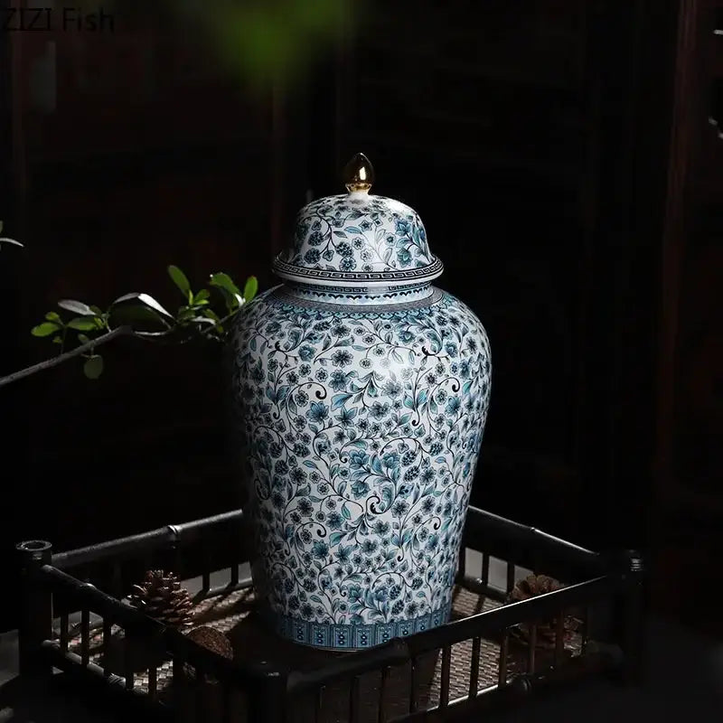 Floral blue & white ceramic ginger jar set – living room decor
