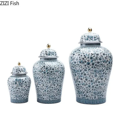 Floral blue & white ceramic ginger jar set – living room decor