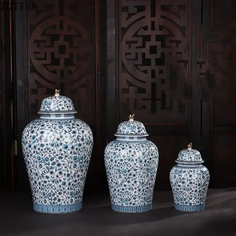 Floral blue & white ceramic ginger jar set – living room decor