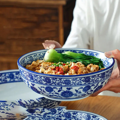 Floral blue & white ceramic soup bowl dining room noodle dish