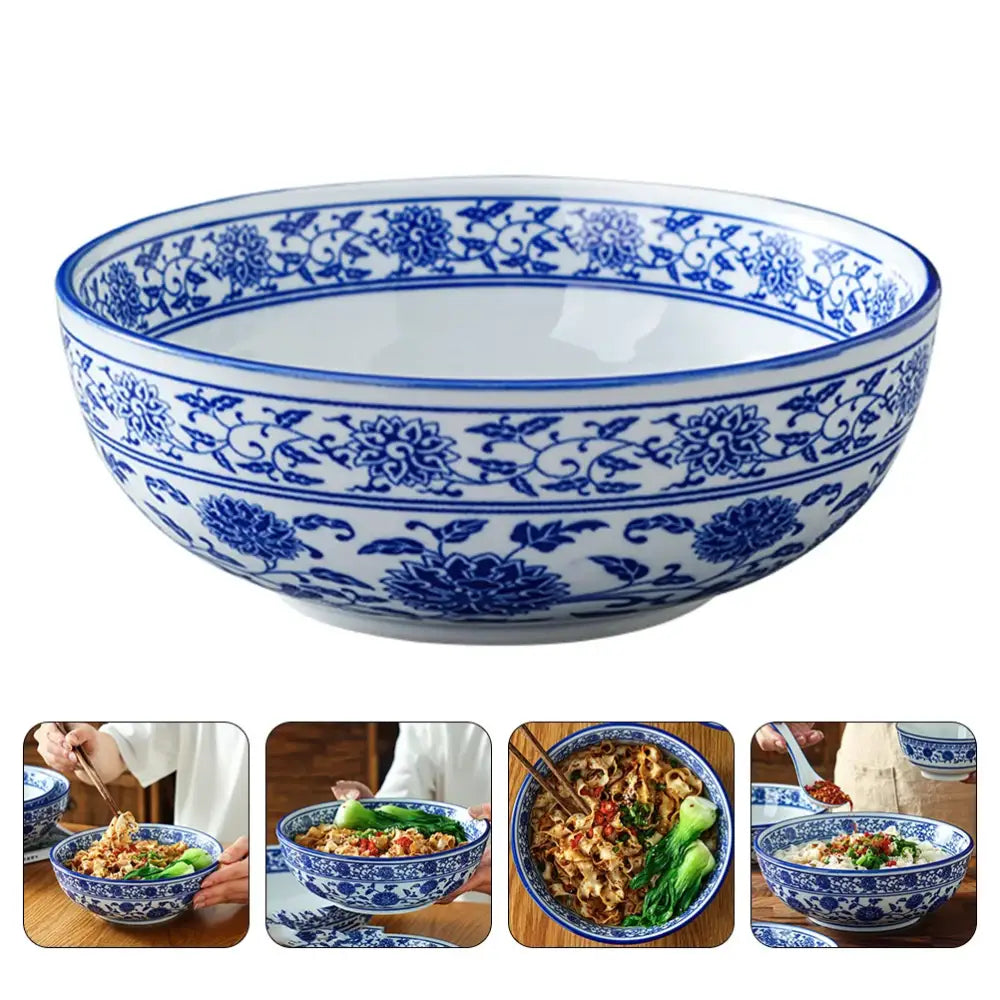 Floral blue & white ceramic soup bowl dining room noodle dish