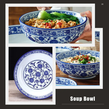 Floral blue & white ceramic soup bowl dining room noodle dish
