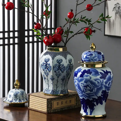 Floral blue & white porcelain general jar vase – living room decor