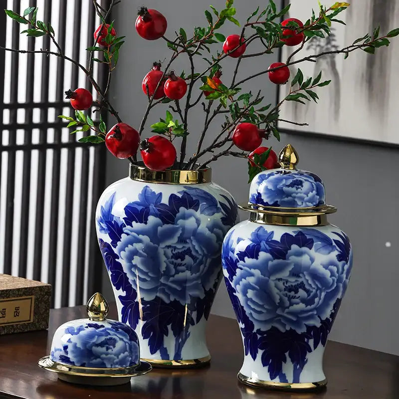 Floral blue & white porcelain general jar vase – living room decor