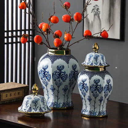 Floral blue & white porcelain general jar vase – living room decor