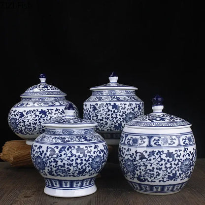Floral blue & white porcelain storage tank – living room jar