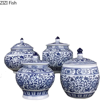 Floral blue & white porcelain storage tank – living room jar