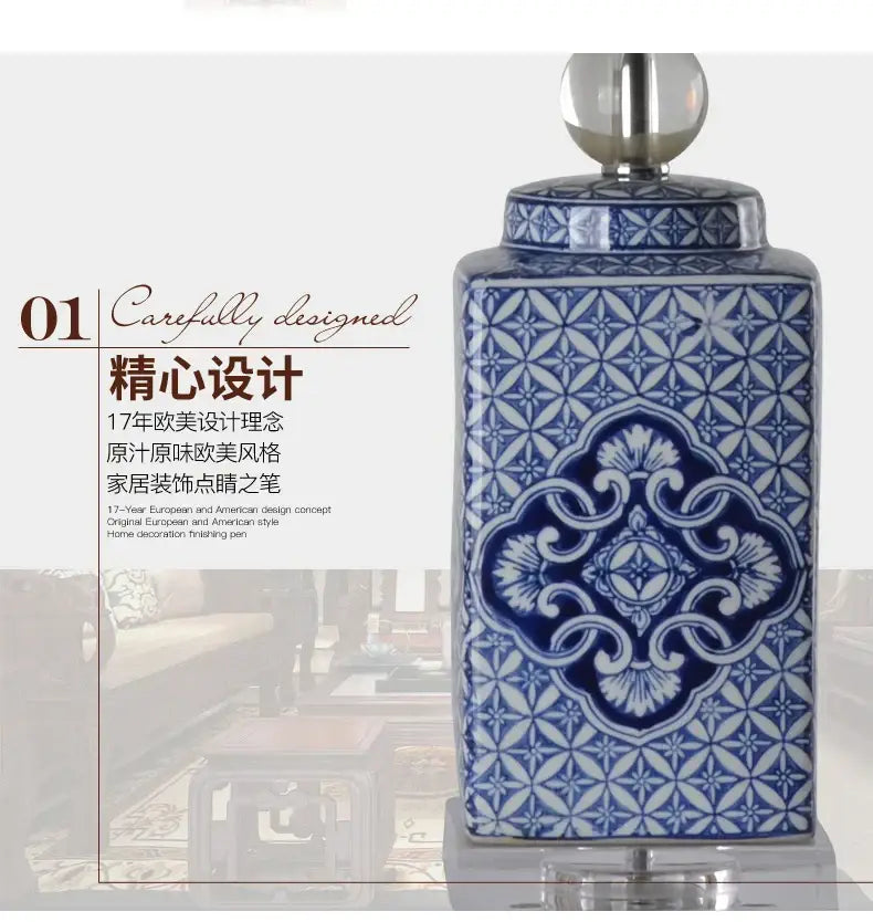 Floral blue & white porcelain table lamp bedroom ceramic light