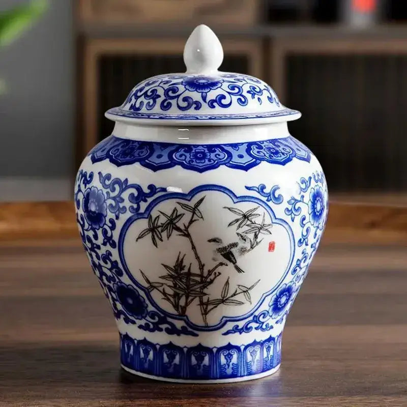 Floral blue & white porcelain tea canister kitchen storage jar