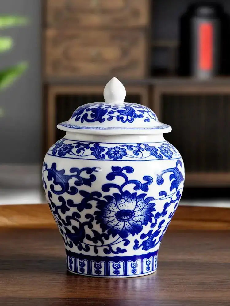 Floral blue & white porcelain tea canister kitchen storage jar
