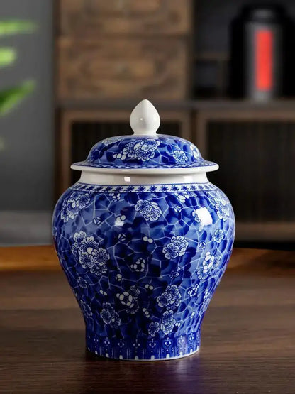 Floral blue & white porcelain tea canister kitchen storage jar