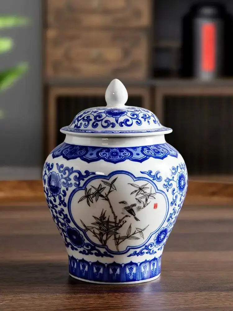 Floral blue & white porcelain tea canister kitchen storage jar