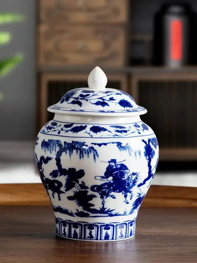 Floral blue & white porcelain tea canister kitchen storage jar