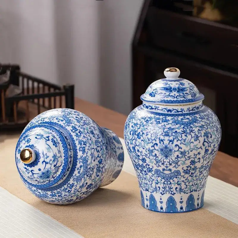 Floral blue & white porcelain tea pot kitchen storage container