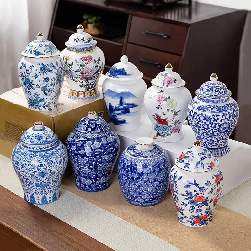 Floral blue & white porcelain tea pot kitchen storage container
