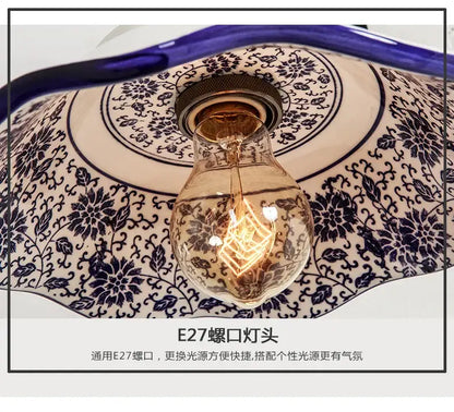 Floral blue & white porcelain wall lamp living room ceramic sconce