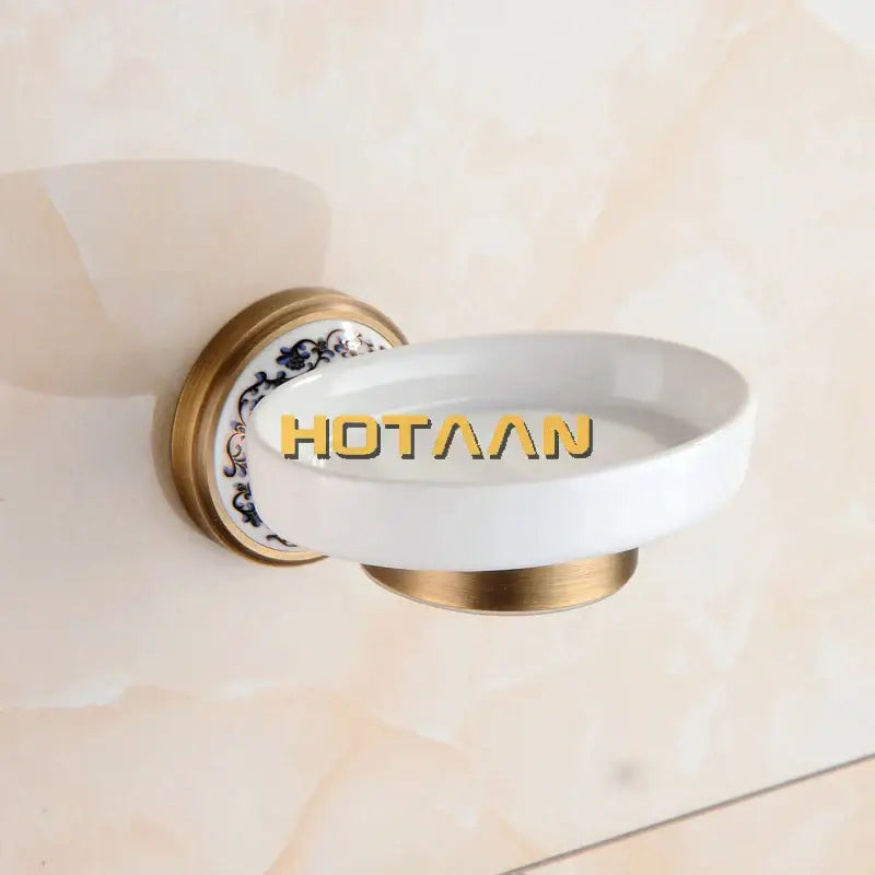 Floral brass soap holder with white ceramic dish bathroom accessory