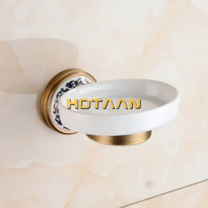 Floral brass soap holder with white ceramic dish bathroom accessory