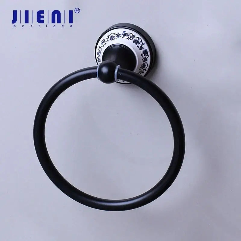 Floral ceramic black stainless steel towel ring bathroom decor