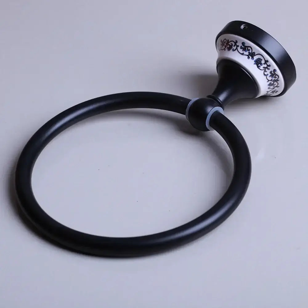Floral ceramic black stainless steel towel ring bathroom decor