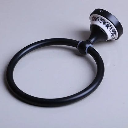 Floral ceramic black stainless steel towel ring bathroom decor