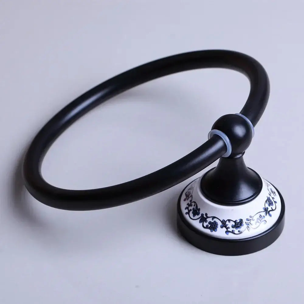Floral ceramic black stainless steel towel ring bathroom decor