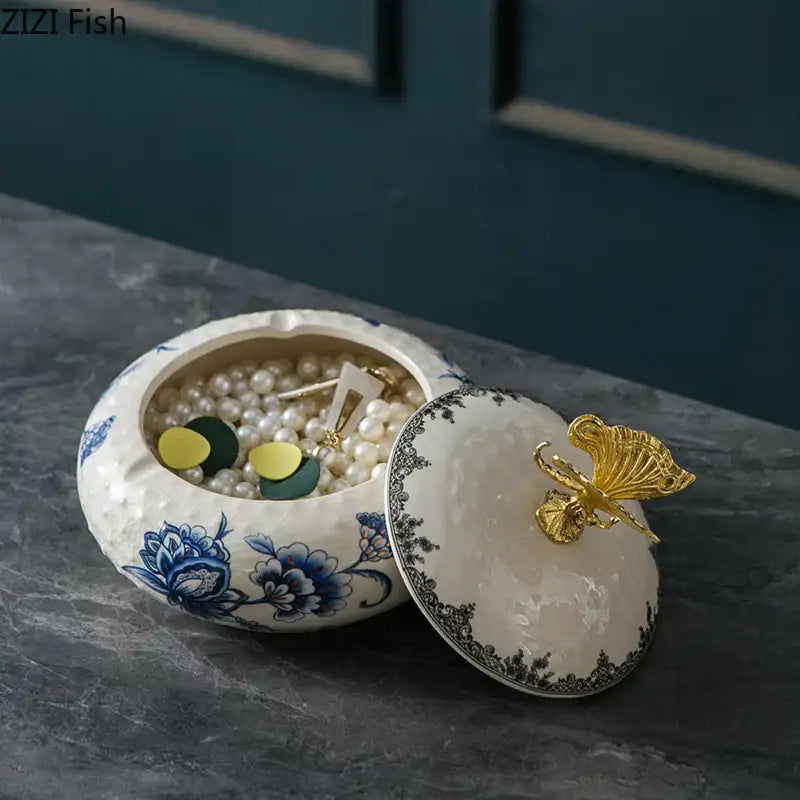 Floral ceramic jewelry box with dragonfly lid bedroom storage jar