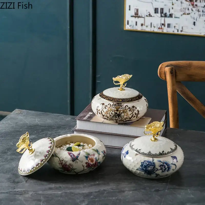 Floral ceramic jewelry box with dragonfly lid bedroom storage jar