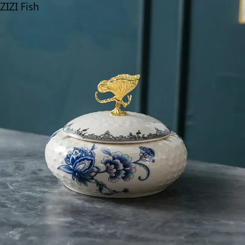 Floral ceramic jewelry box with dragonfly lid bedroom storage jar