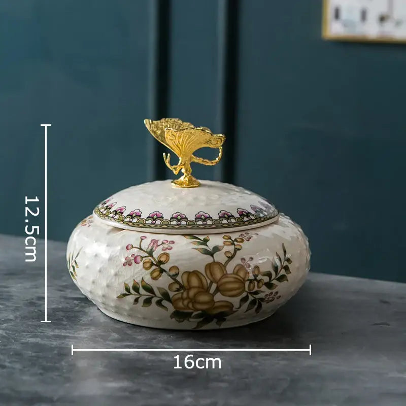 Floral ceramic jewelry box with dragonfly lid bedroom storage jar