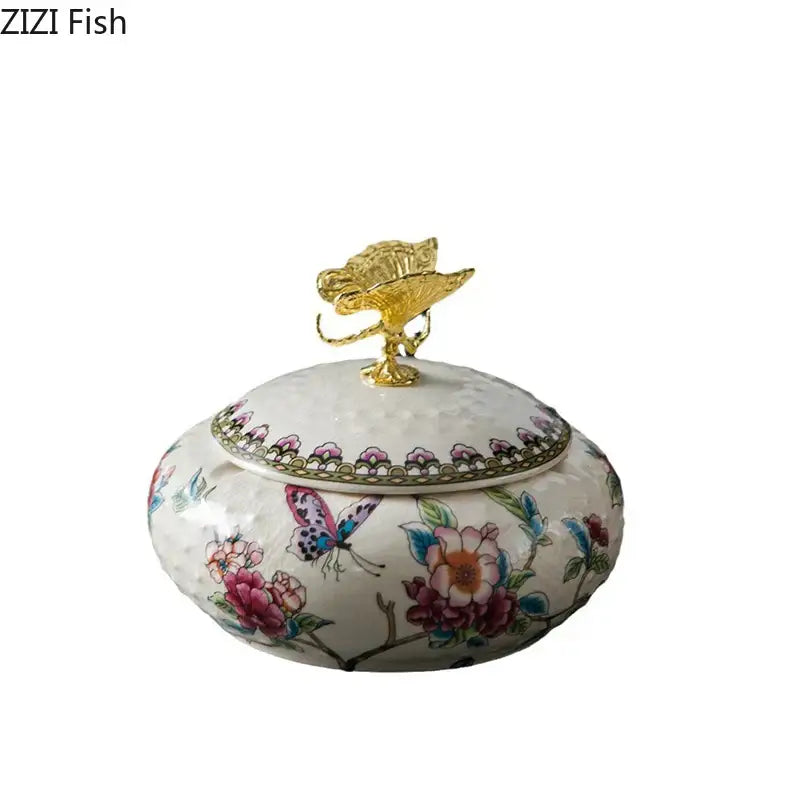 Floral ceramic jewelry box with dragonfly lid bedroom storage jar