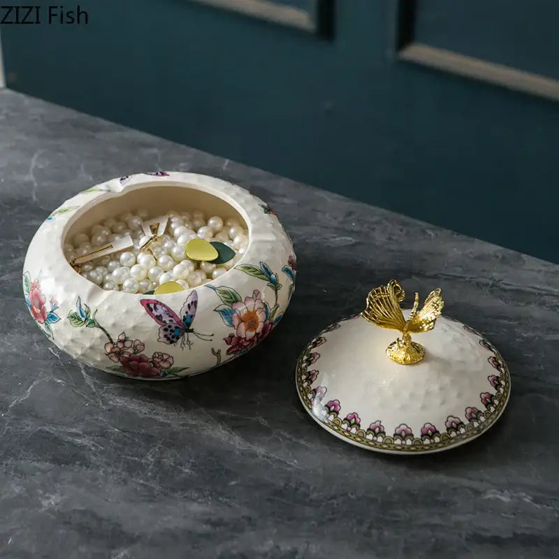 Floral ceramic jewelry box with dragonfly lid bedroom storage jar