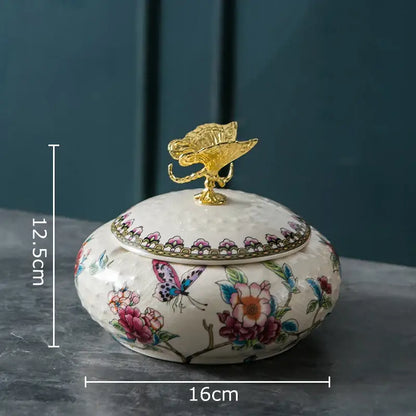 Floral ceramic jewelry box with dragonfly lid bedroom storage jar