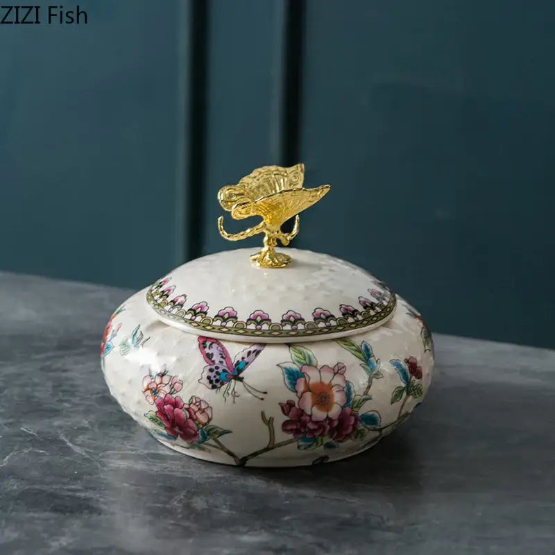 Floral ceramic jewelry box with dragonfly lid bedroom storage jar