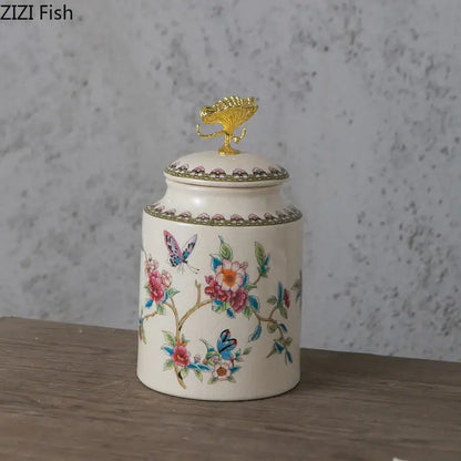 Floral ceramic storage jar with dragonfly lid bedroom jewelry box
