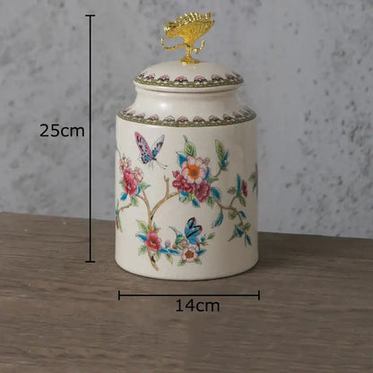 Floral ceramic storage jar with dragonfly lid bedroom jewelry box