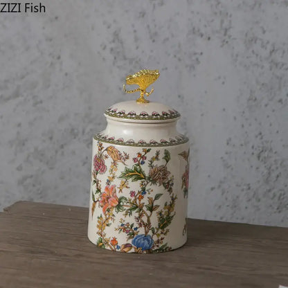 Floral ceramic storage jar with dragonfly lid bedroom jewelry box