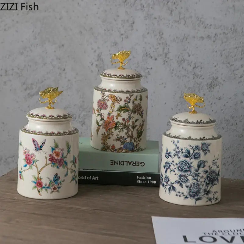Floral ceramic storage jar with dragonfly lid bedroom jewelry box