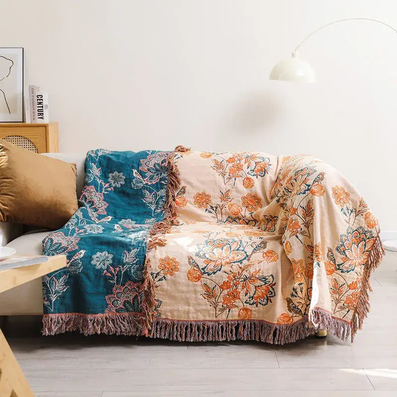 Floral cotton bohemian throw blanket – bedroom multi-color cover