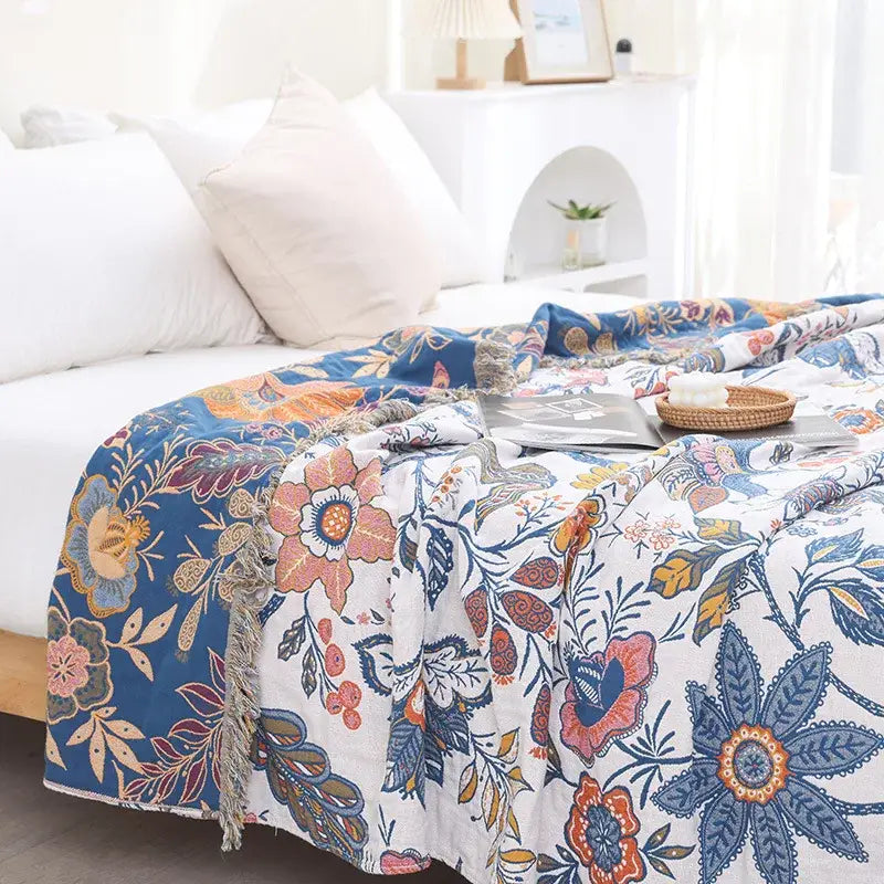 Floral cotton bohemian throw blanket – bedroom multi-color cover