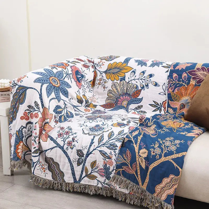 Floral cotton bohemian throw blanket – bedroom multi-color cover