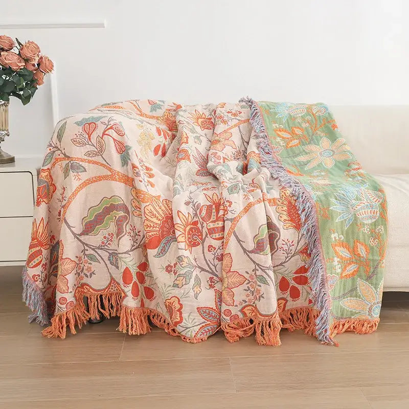 Floral cotton bohemian throw blanket – bedroom multi-color cover