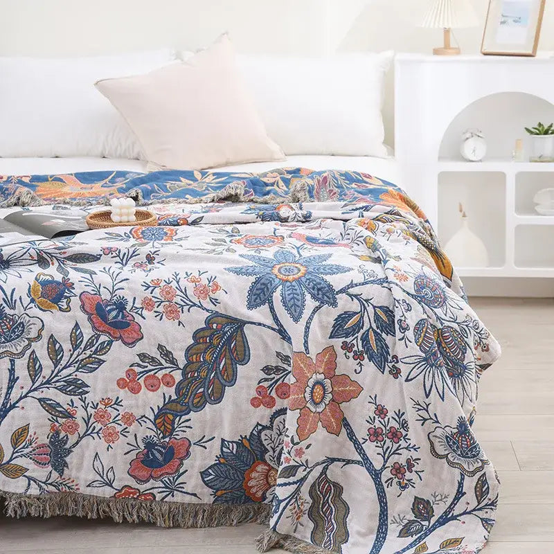 Floral cotton bohemian throw blanket – bedroom multi-color cover
