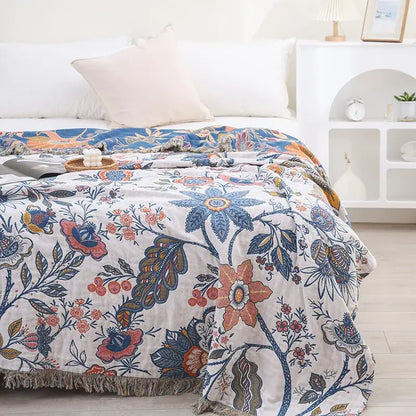 Floral cotton bohemian throw blanket – bedroom multi-color cover