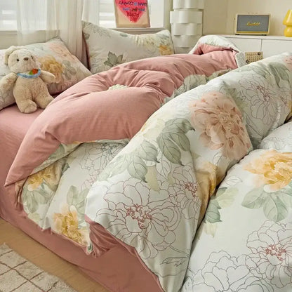 Floral cream and peach double layer cotton quilt cover set bedroom