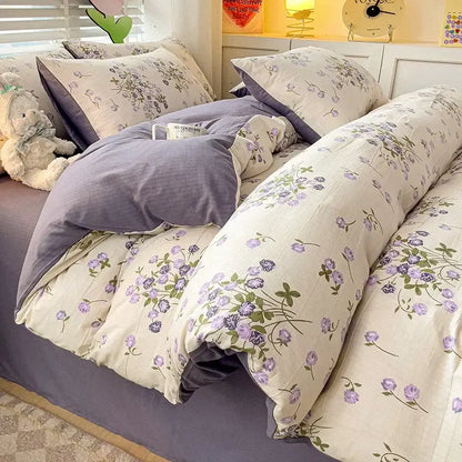 Floral cream and peach double layer cotton quilt cover set bedroom