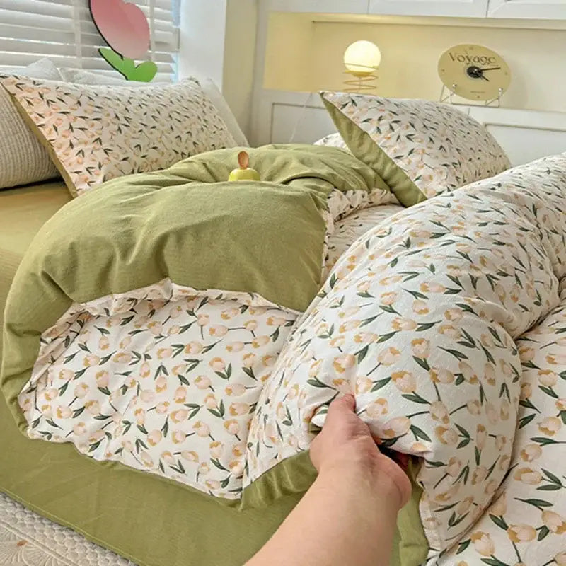 Floral cream and peach double layer cotton quilt cover set bedroom