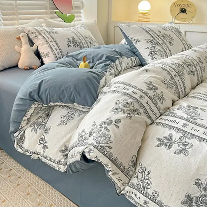 Floral cream and peach double layer cotton quilt cover set bedroom