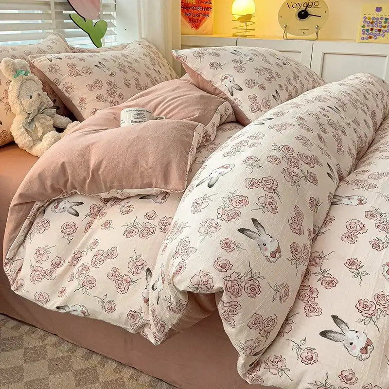 Floral cream and peach double layer cotton quilt cover set bedroom